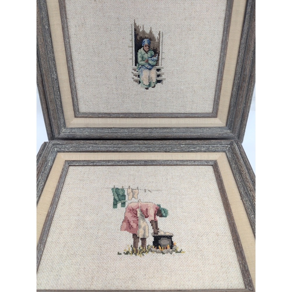 2 African Americana Framed Cross Stitch Needlepoint Art Southern Charm Cottage